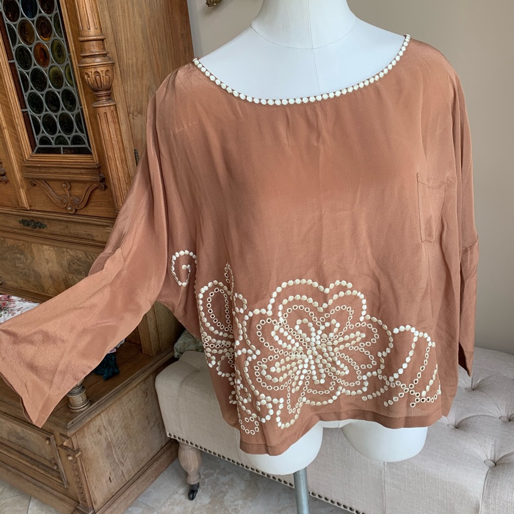 Yoana Baraschi Tan Silk Eyelet Blouse